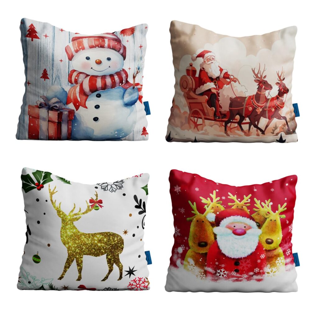 4 x Christmas Cushion Covers Festive Xmas Designs Pillow Case Sofa Bedroom Santa Snowman Reindeer