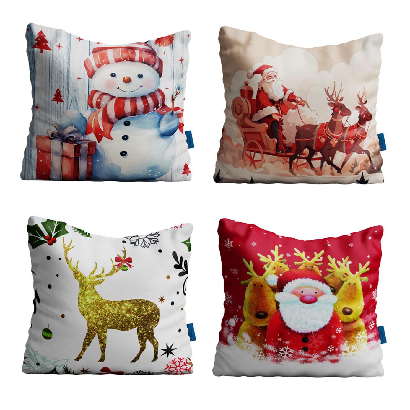 4 x Christmas Cushion Covers Festive Xmas Designs Pillow Case Sofa Bedroom Santa Snowman Reindeer