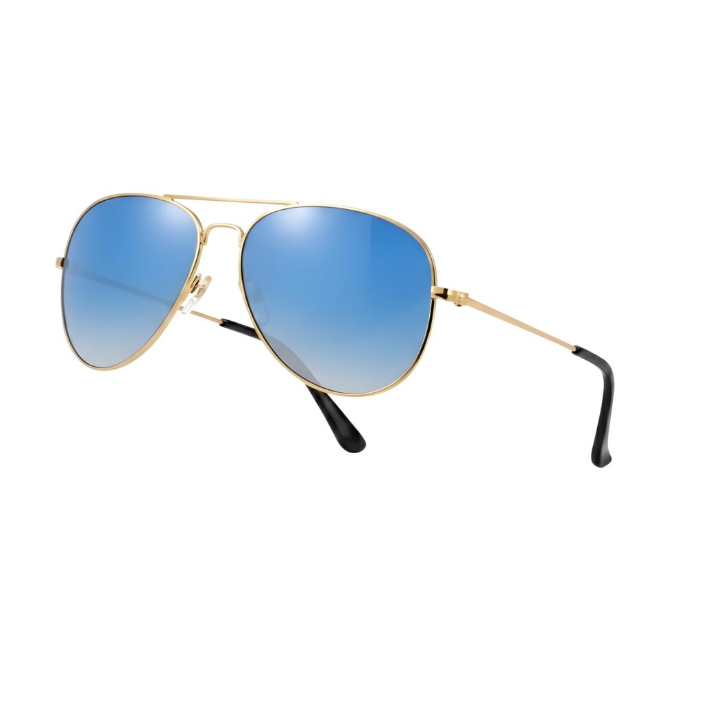 Pilot Style Designer Sunglasses - Gold Frame Blue Lens Classic Retro Shades, Unisex UV400 Glasses,