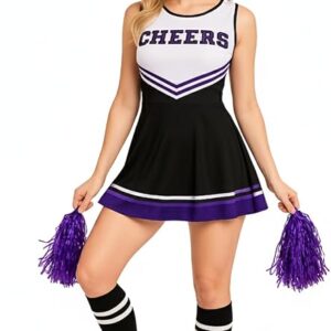 Cheerleader Outfit Fancy Dress Halloween Cheer Pep School College Uni Rally Pom Poms Socks Costume Womens Girls Sports Theme Cosplay Black