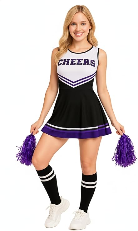 Cheerleader Halloween Cheer Pep School College Uni Rally Pom Poms Socks Costume Womens Girls Theme