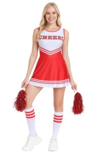 Cheerleader Outfit Fancy Dress Halloween Cheer Pep School College Uni Rally Pom Poms Socks Costume Womens Girls Sports Theme Cosplay Red