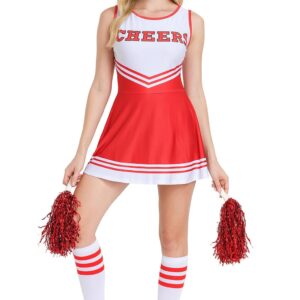 Cheerleader Outfit Fancy Dress Halloween Cheer Pep School College Uni Rally Pom Poms Socks Costume Womens Girls Sports Theme Cosplay Red