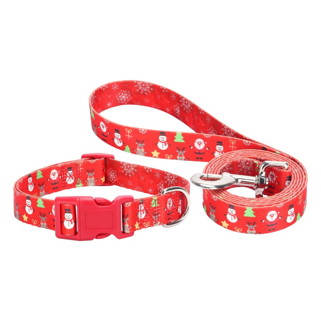 Christmas Dog Collar and Lead Matching Set - Adjustable Xmas Pet Red Santa Snowman Reindeer Design