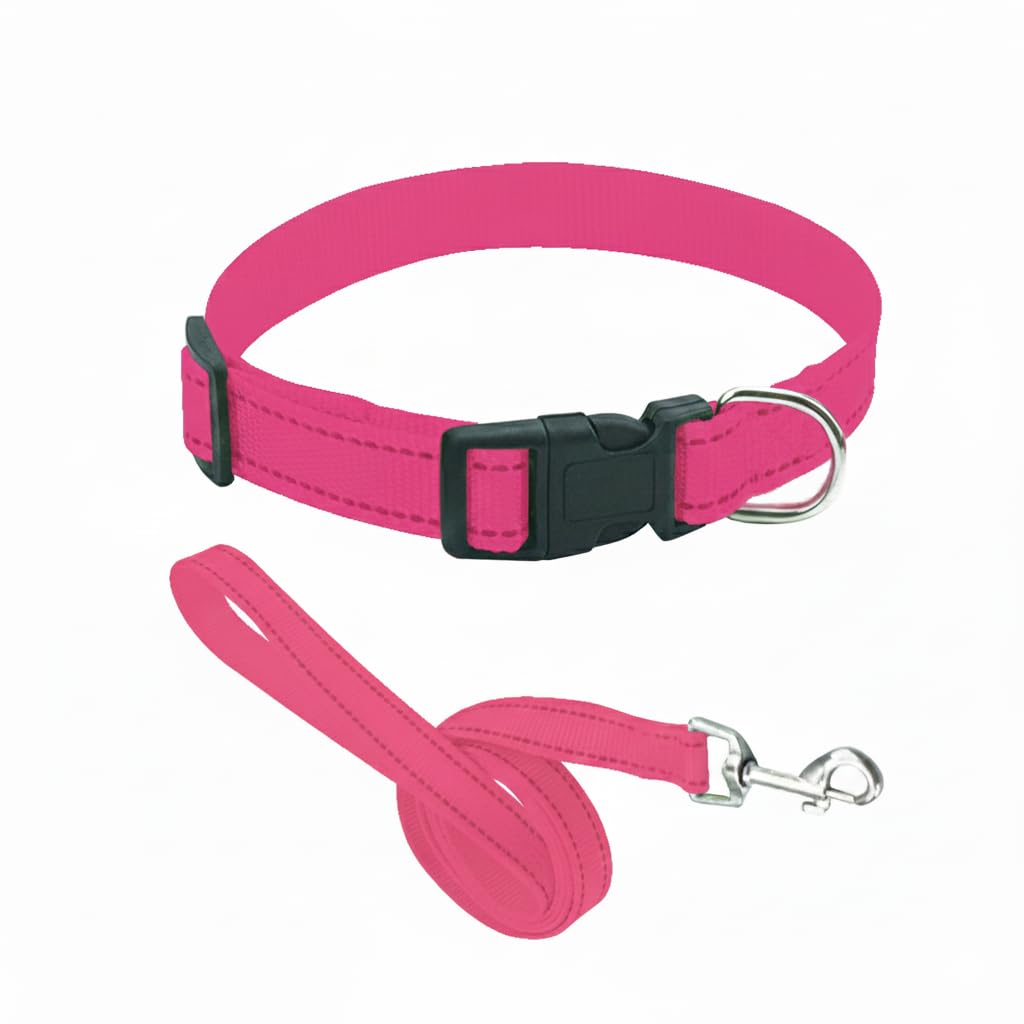 Plain Pink Colour Dog Collar Lead Matching Combo Pet Reflective Adjustable Small Medium 33cm - 50cm