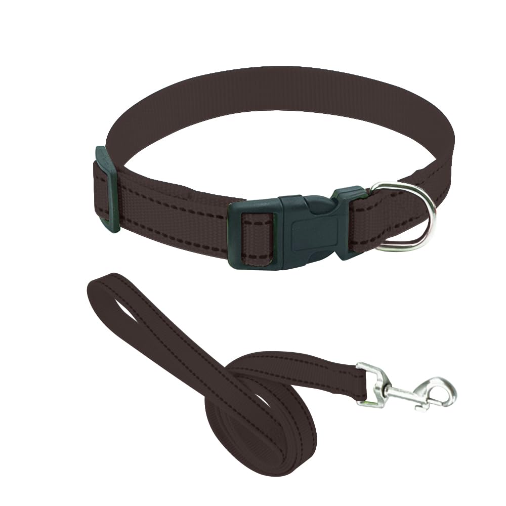 Plain Brown Colour Dog Collar Lead Matching Combo Pet Reflective Adjustable Small Medium 33cm - 50cm