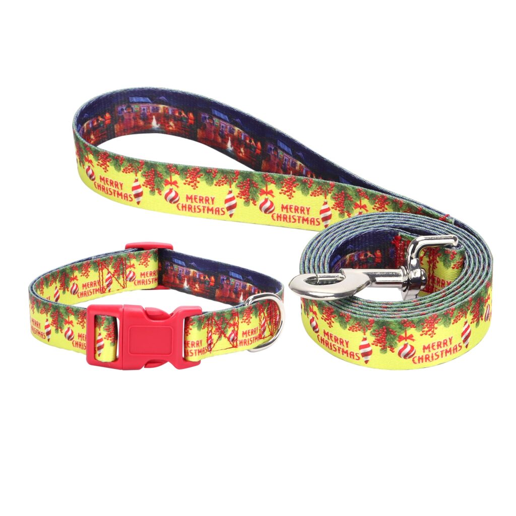 Christmas Dog Collar and Lead Matching Set - Adjustable Xmas Pet Yellow Blue Merry Christmas Design