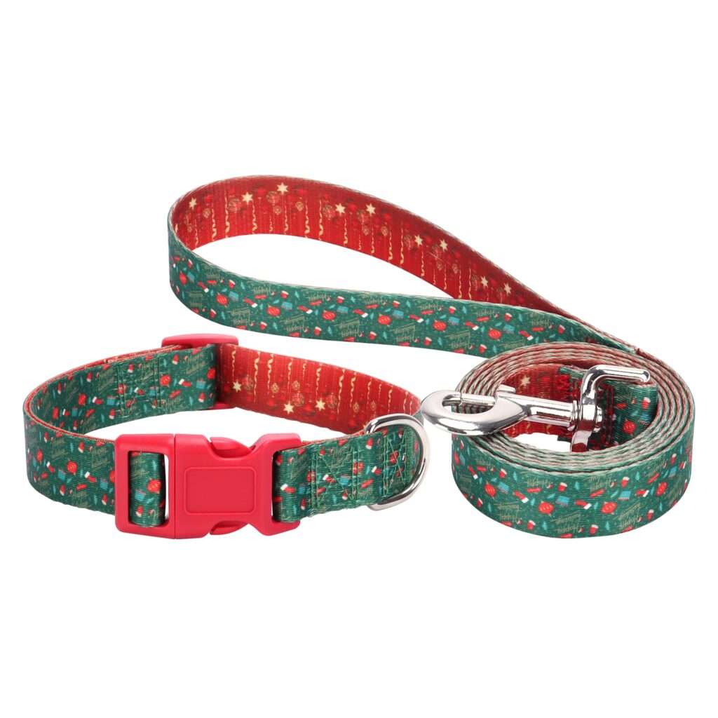 Christmas Dog Collar and Lead Matching Set - Adjustable Xmas Holiday Pet Green Red Bauble Design