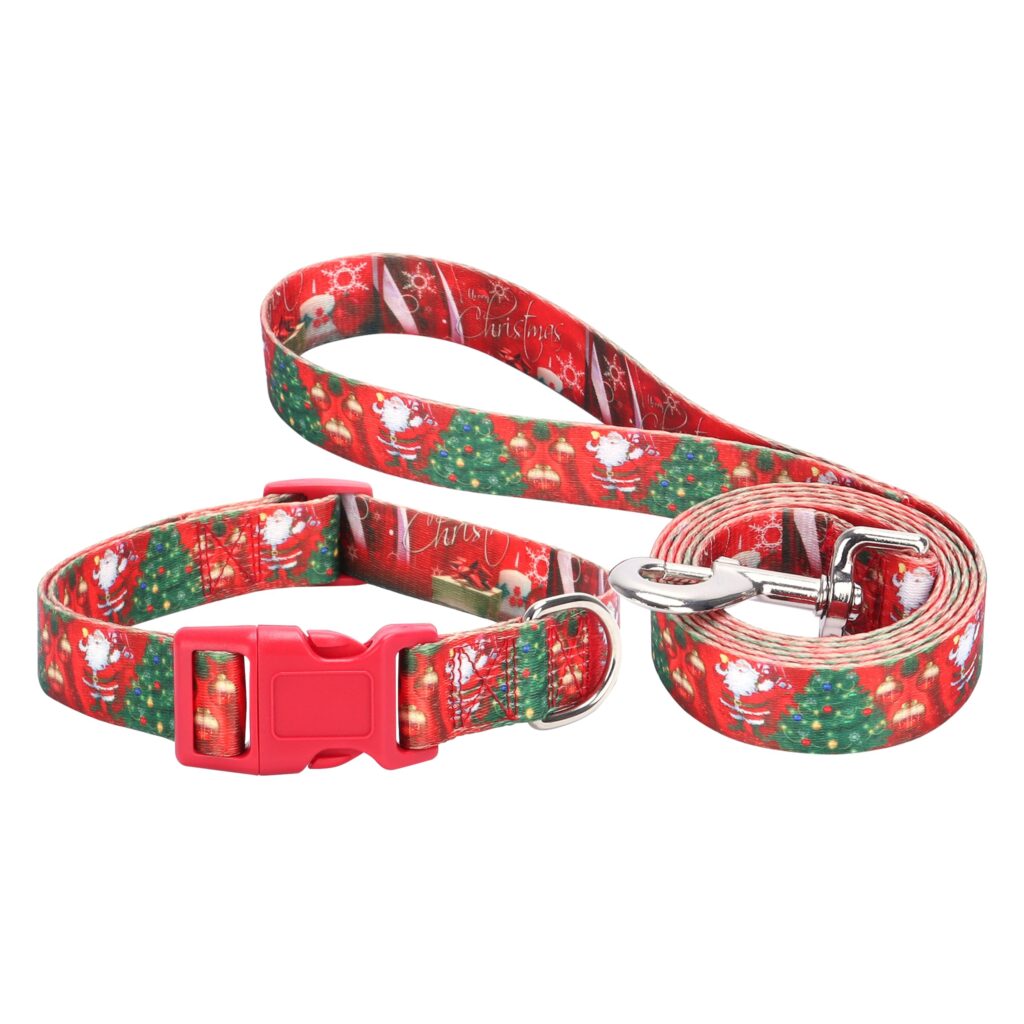 Christmas Dog Collar and Lead Matching Set - Adjustable Xmas Holiday Pet Red Santa Tree Design