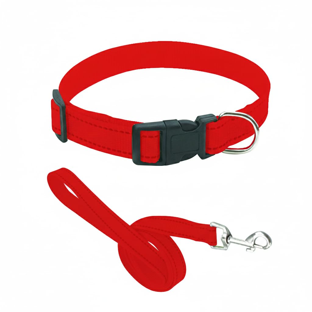 Plain Red Colour Dog Collar Lead Matching Combo Pet Reflective Adjustable Small Medium 33cm - 50cm