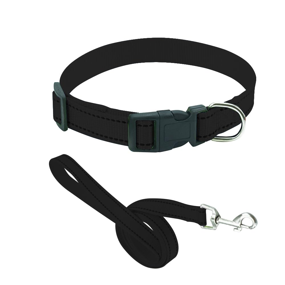 Plain Black Colour Dog Collar Lead Matching Combo Pet Reflective Adjustable Small Medium 33cm - 50cm