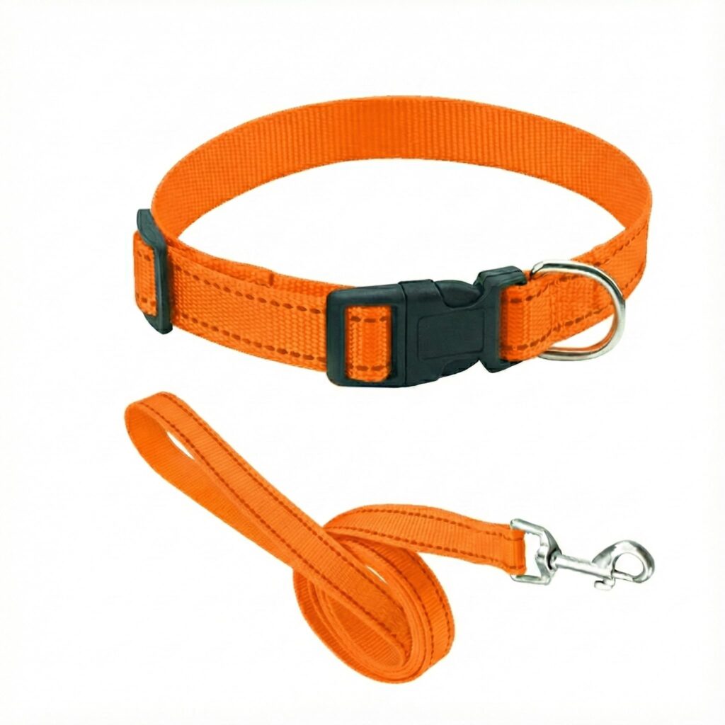 Plain Orange Colour Dog Collar Lead Matching Combo Pet Reflective Adjustable Small Medium 33cm