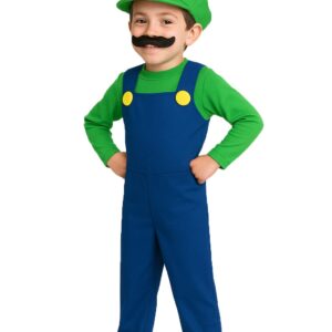 L Halloween Fancy Dress Up Boys Kids Outfit Hat Green Blue Plumber Overalls Costume Halloween Retro Classic Video Game Gamer Cosplay