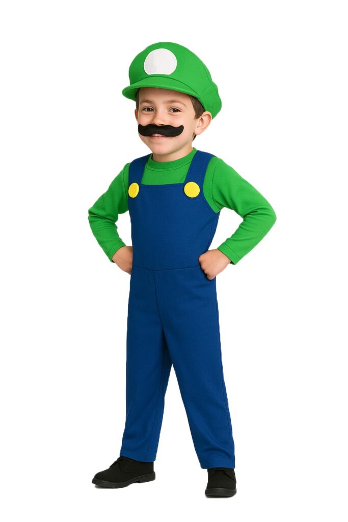 L Halloween Costume Boys Kids Hat Green Blue Plumber Overalls Costume Halloween Video Gamer Cosplay