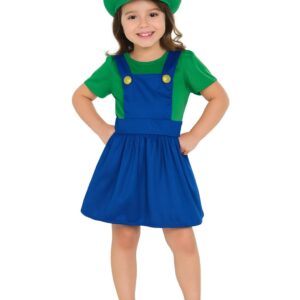 L Halloween Fancy Dress Up Girls Kids Outfit Hat Green Blue Plumber Overalls Costume Halloween Retro Classic Video Game Gamer Cosplay