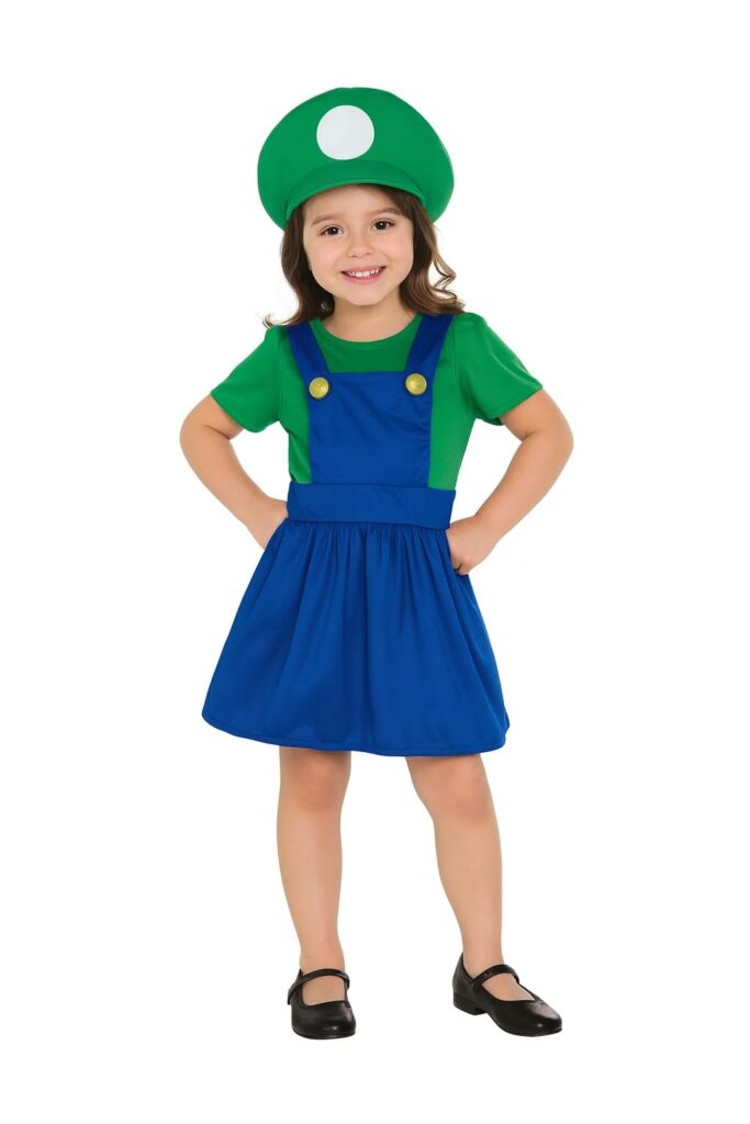L Halloween Costume Girls Kids Hat Green Blue Plumber Overalls Costume Halloween Video Gamer Cosplay