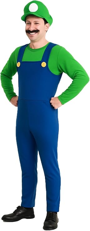 L Halloween Costume Mens Adults Hat Green Blue Plumber Overalls Costume Halloween Video Gamer