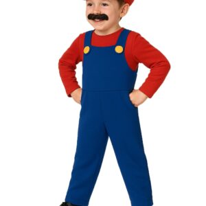 M Halloween Fancy Dress Up Boys Kids Outfit Hat Red Blue Plumber Overalls Costume Halloween Retro Classic Video Game Gamer Cosplay