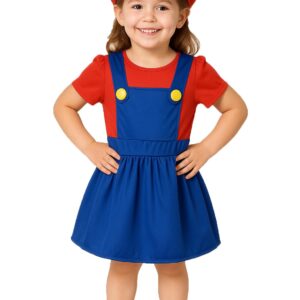 M Halloween Fancy Dress Up Girls Kids Outfit Hat Red Blue Plumber Overalls Costume Halloween Retro Classic Video Game Gamer Cosplay