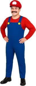 M Halloween Fancy Dress Up Mens Adults Outfit Hat Red Blue Plumber Overalls Costume Halloween Retro Classic Video Game Gamer Cosplay