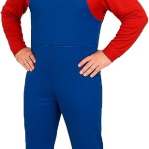 M Halloween Fancy Dress Up Mens Adults Outfit Hat Red Blue Plumber Overalls Costume Halloween Retro Classic Video Game Gamer Cosplay