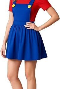 M Halloween Fancy Dress Up Womens Adults Outfit Hat Red Blue Plumber Overalls Costume Halloween Retro Classic Video Game Gamer Cosplay