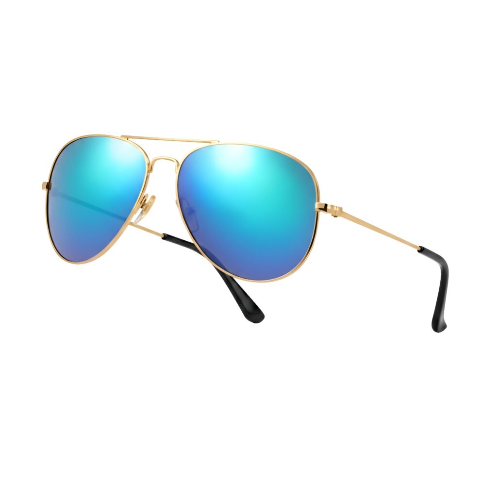 Pilot Style Designer Sunglasses - Blue Shimmer Lens Classic Retro Shades, Unisex UV400 Glasses,