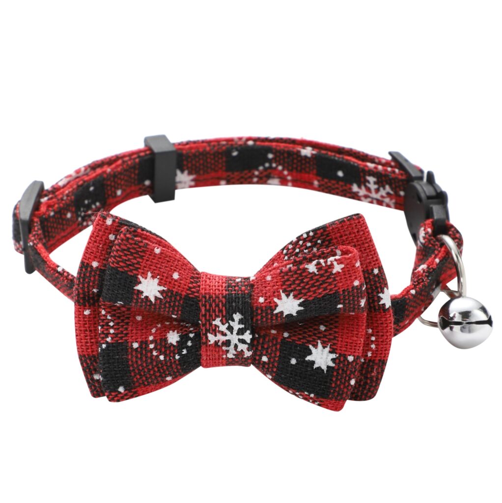 Christmas Cat Bow Tie Collar Bell - Adjustable Festive Tartan Snowflake Quick Release Pet Collar
