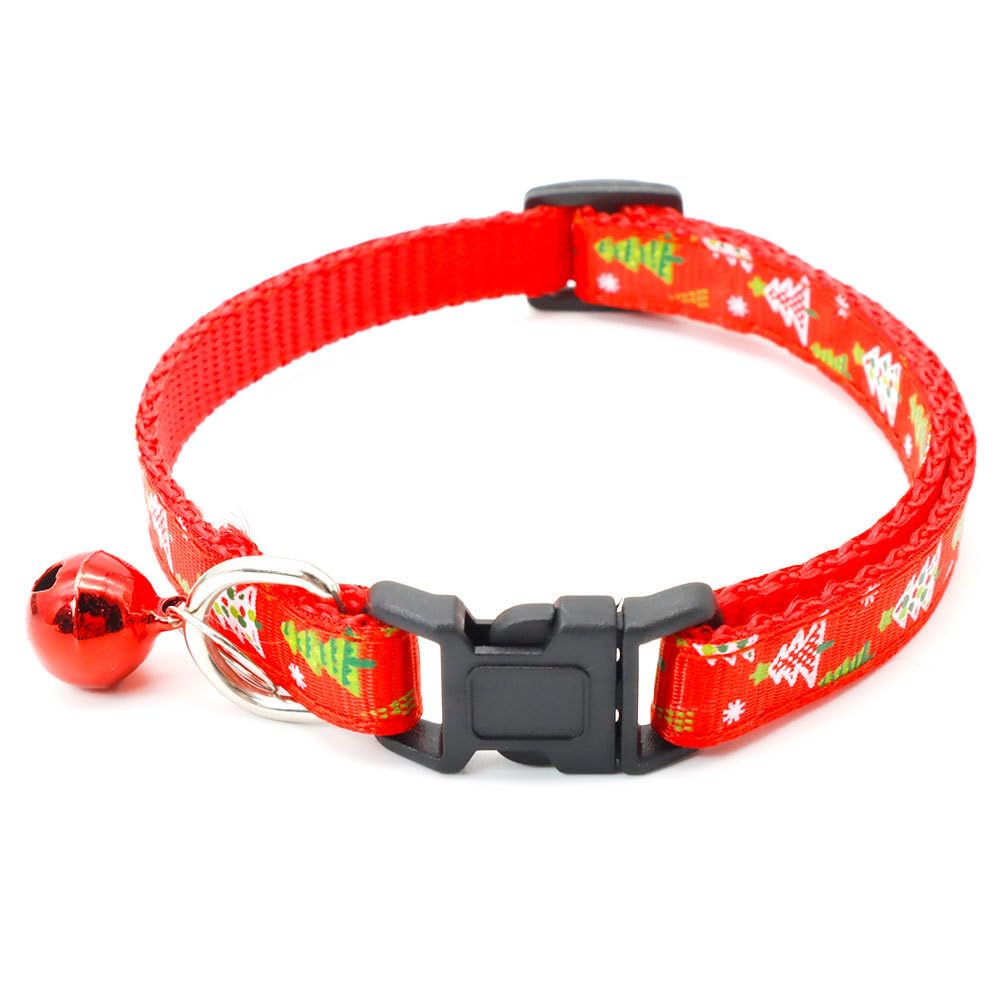 Christmas Cat Collar with Bell - Xmas Holiday Adjustable Pet Collar, Red Trees Design, 19-32cm