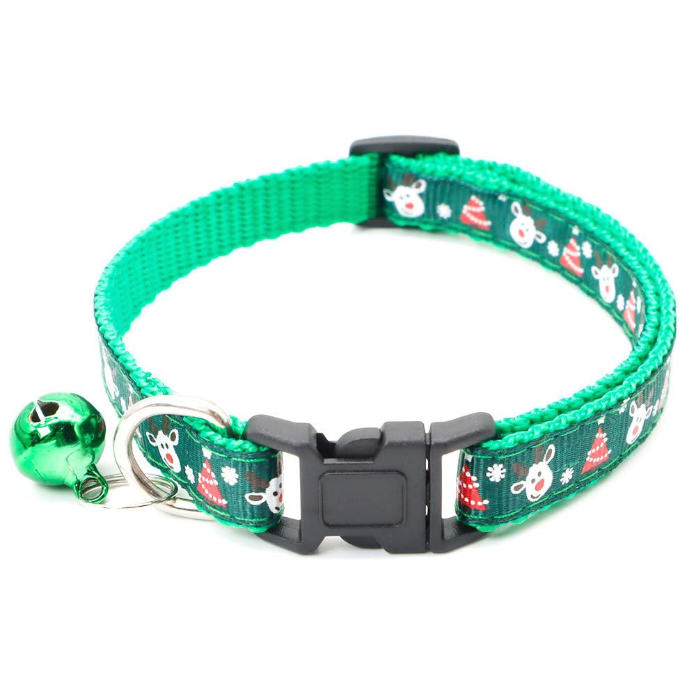 Christmas Cat Collar with Bell - Xmas Adjustable Pet Collar, Green Tree Reindeer Design, 19-32cm