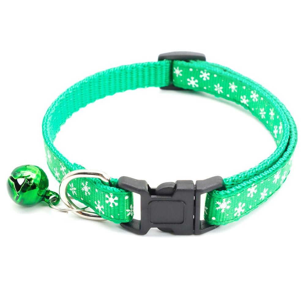 Christmas Cat Collar with Bell - Xmas Adjustable Pet Collar, Green Snowflakes Design, 19-32cm