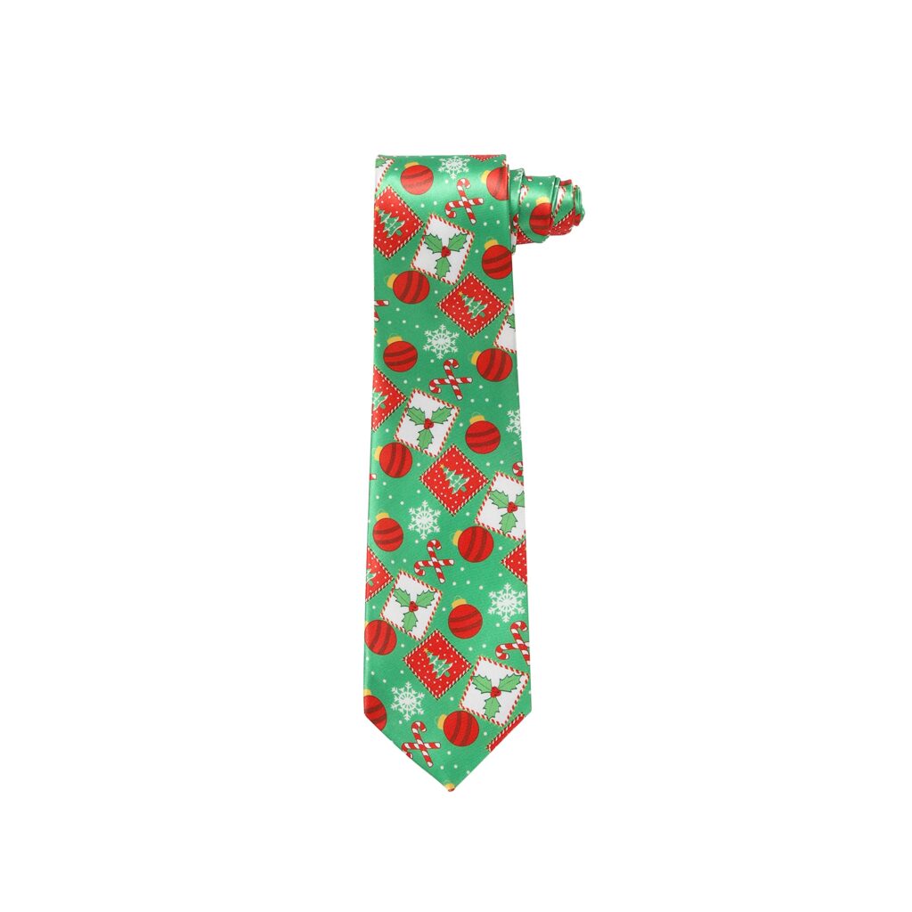 Christmas Tie Xmas Green Holly Colourful Novelty Funny Necktie for Festive Holidays, Work Party Gift