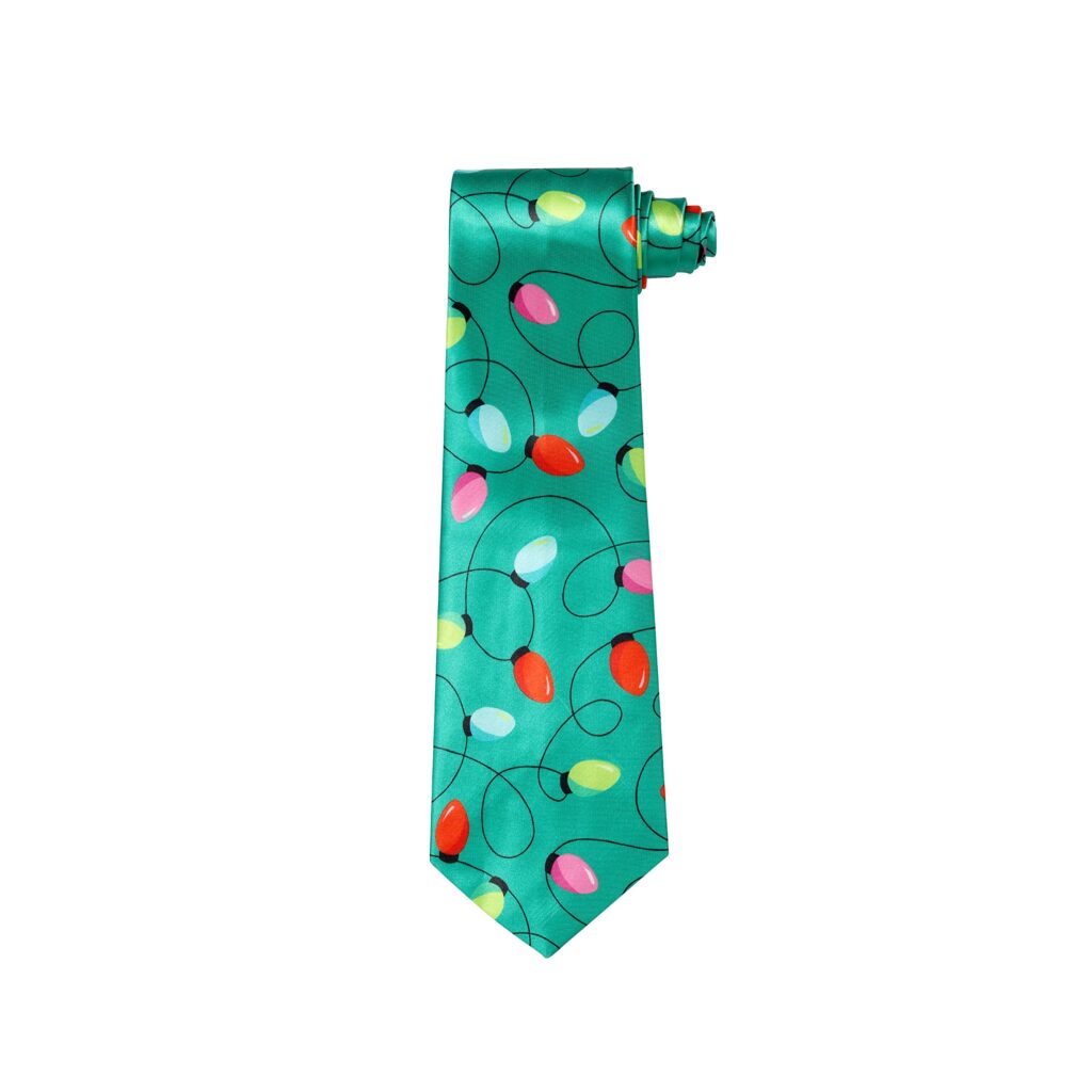 Christmas Tie Xmas Green Fairy Lights Colourful Novelty Funny Necktie for Festive Holidays, Work