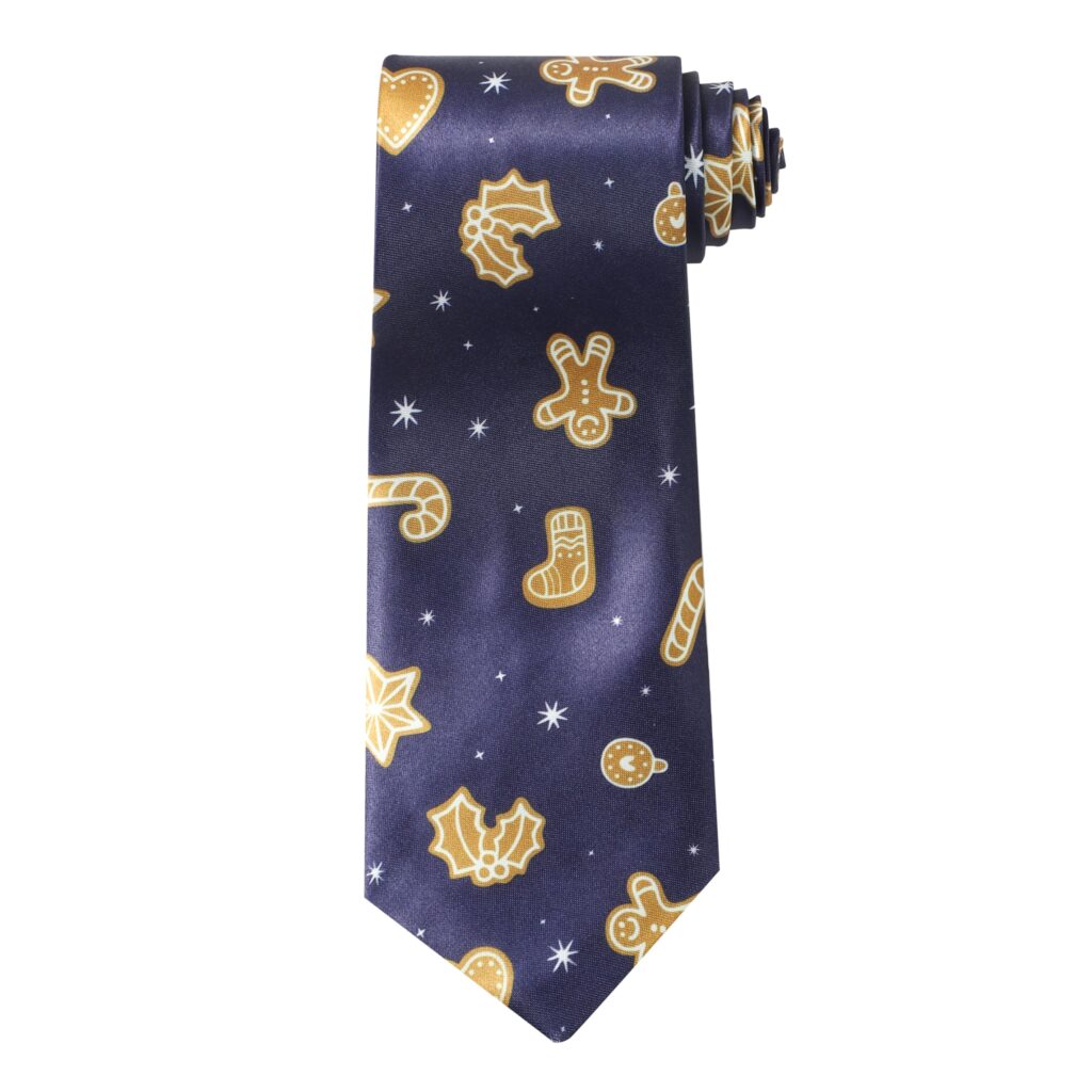 Christmas Tie Xmas Navy Blue Gingerbread Santas Colourful Novelty Funny Necktie for Festive Work