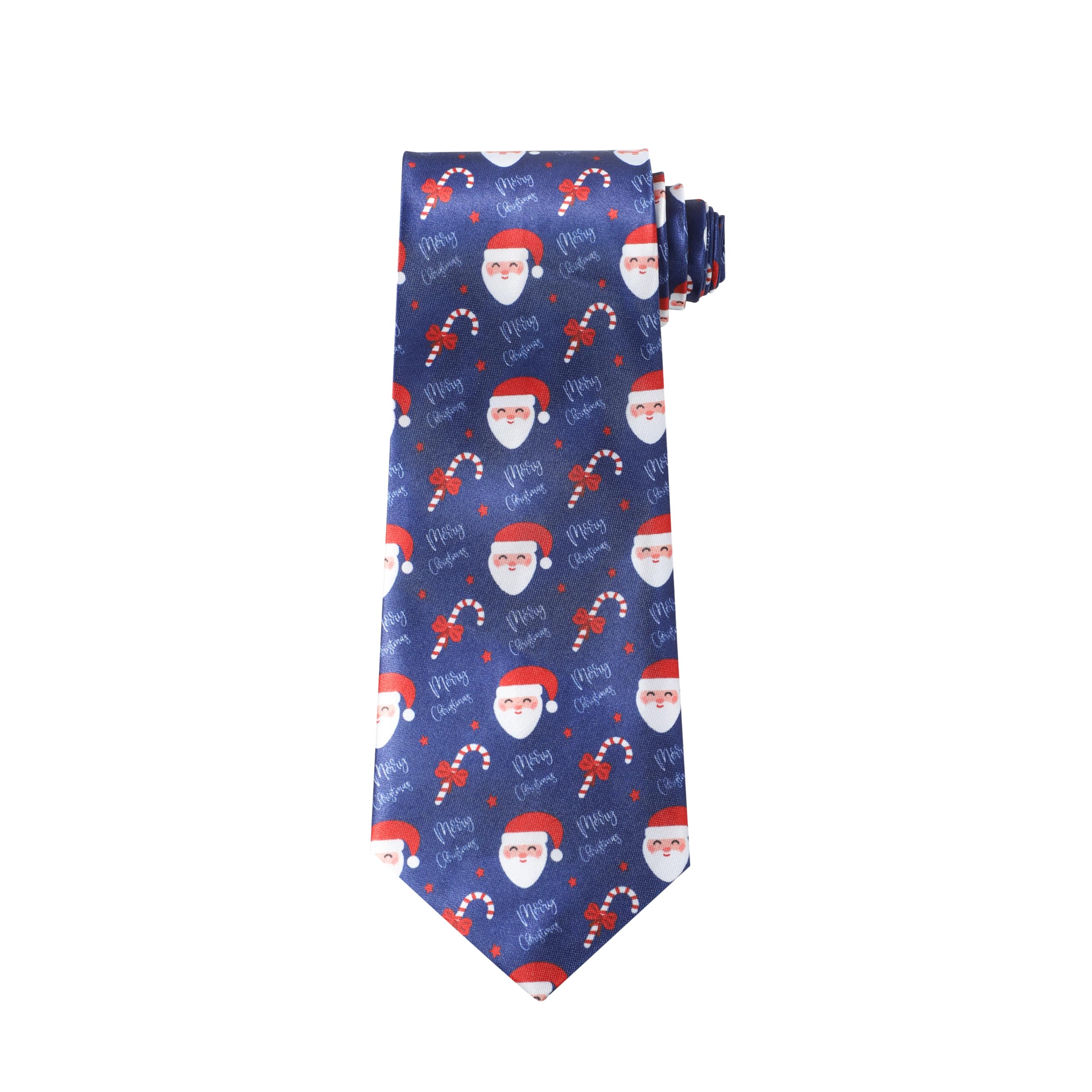 Christmas Tie Xmas Blue Candy Cane Santas Colourful Novelty Funny Necktie for Festive Holidays, Work