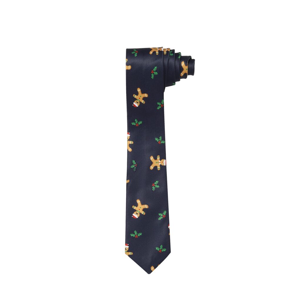 Christmas Tie Xmas Navy Blue Gingerbread Man Colourful Novelty Funny Necktie for Festive Work