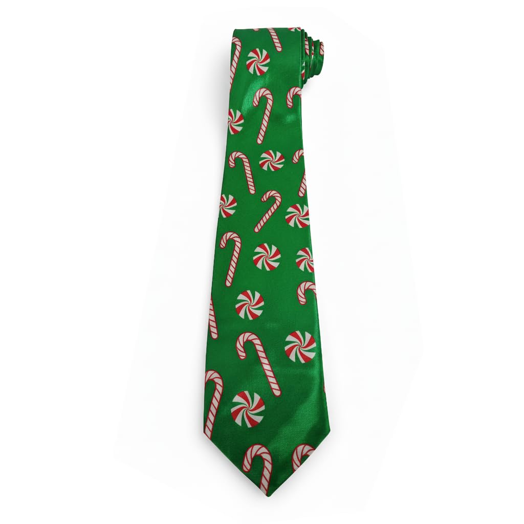 Christmas Tie Xmas Green Candy Cane Colourful Novelty Funny Necktie for Festive Holidays, Work Party