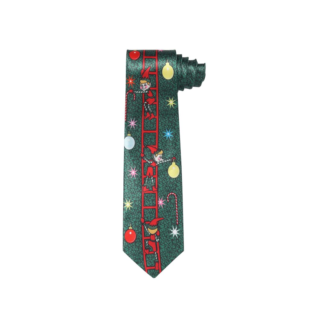Christmas Tie Xmas Green Elf Tree Colourful Novelty Funny Necktie for Festive Holidays, Work Party