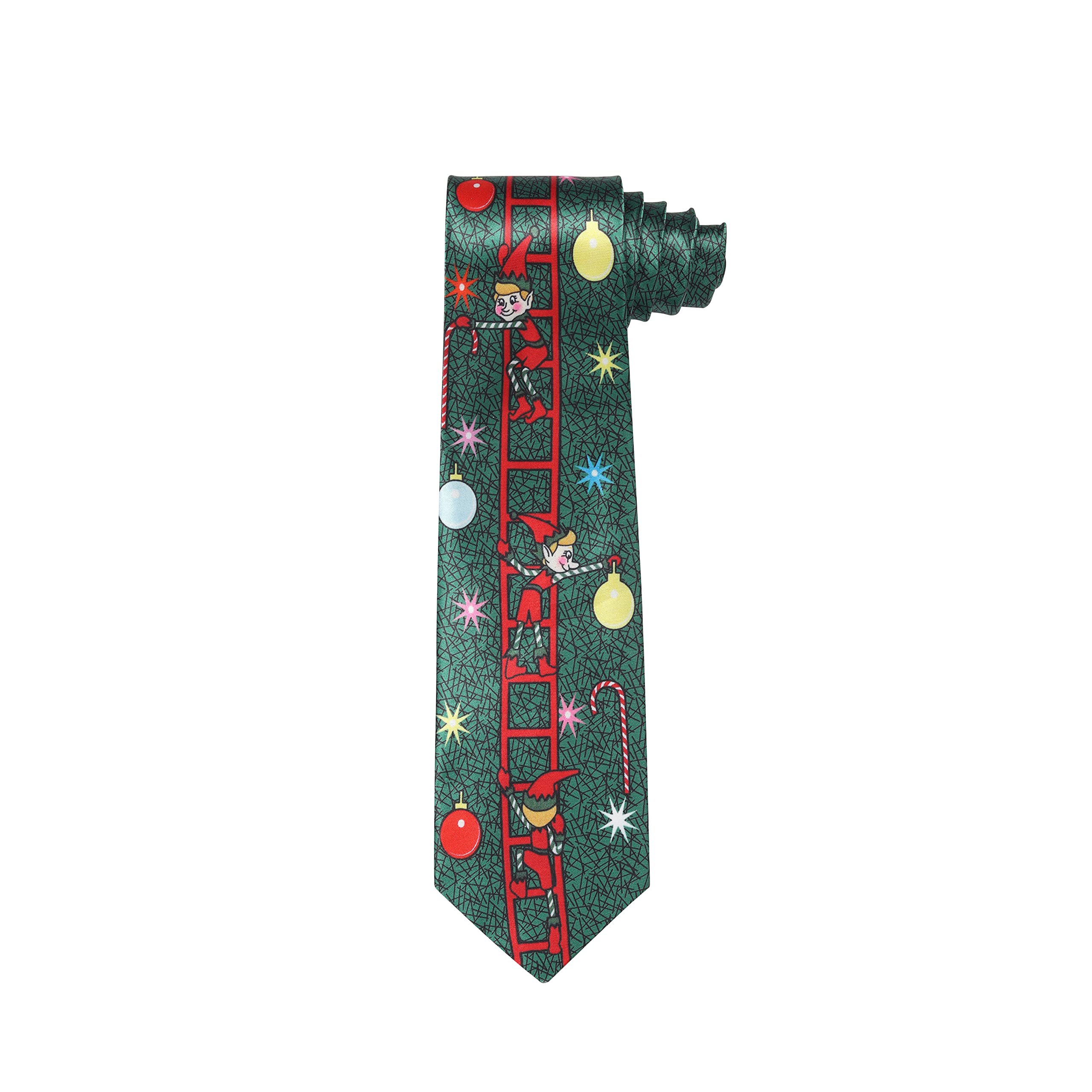Christmas Tie Xmas Green Elf Tree Colourful Novelty Funny Necktie for Festive Holidays, Work Party