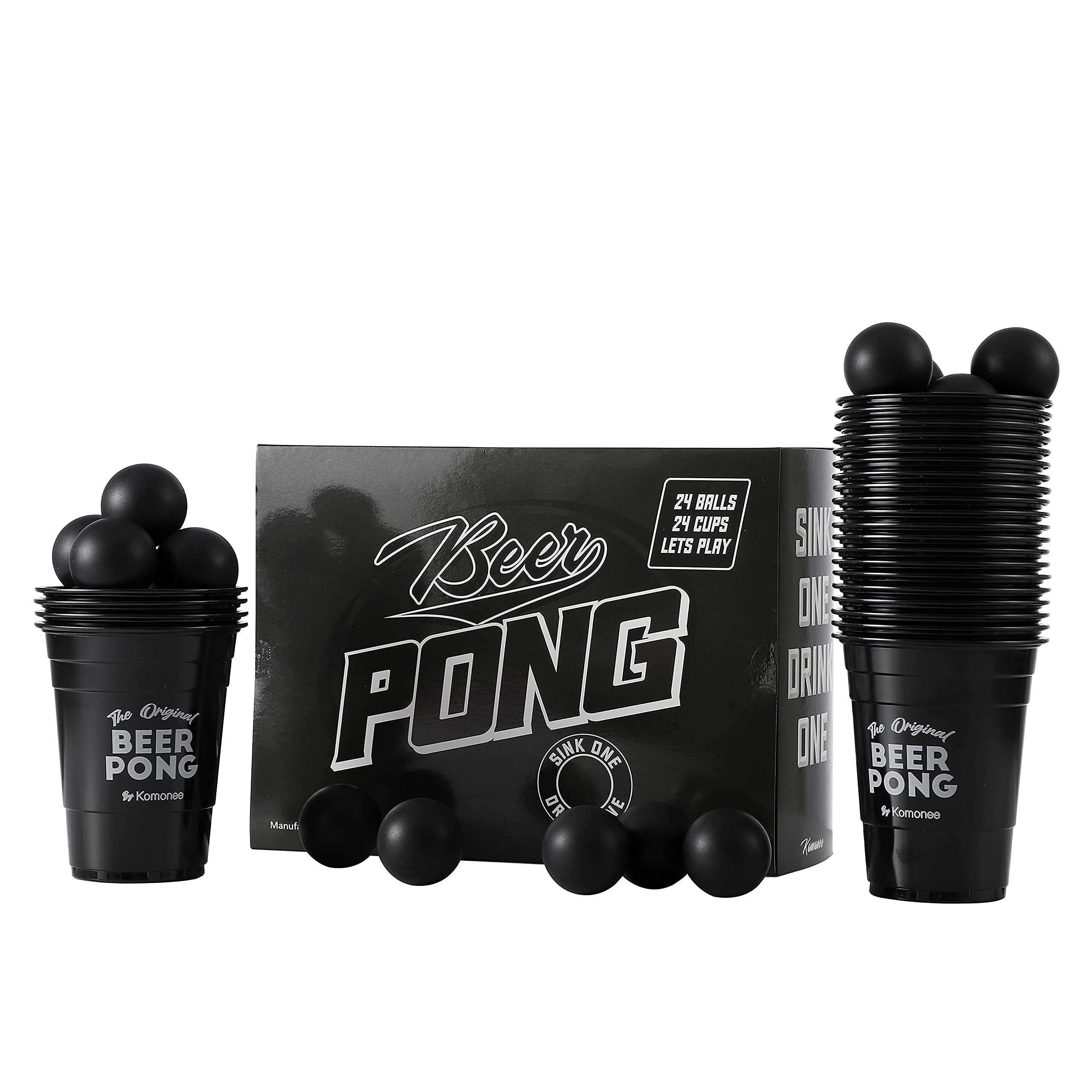 Beer Pong Set 48 PCS Blackout American Adult 24 Black Reusable Printed Cups 24 High Bounce ABS Balls