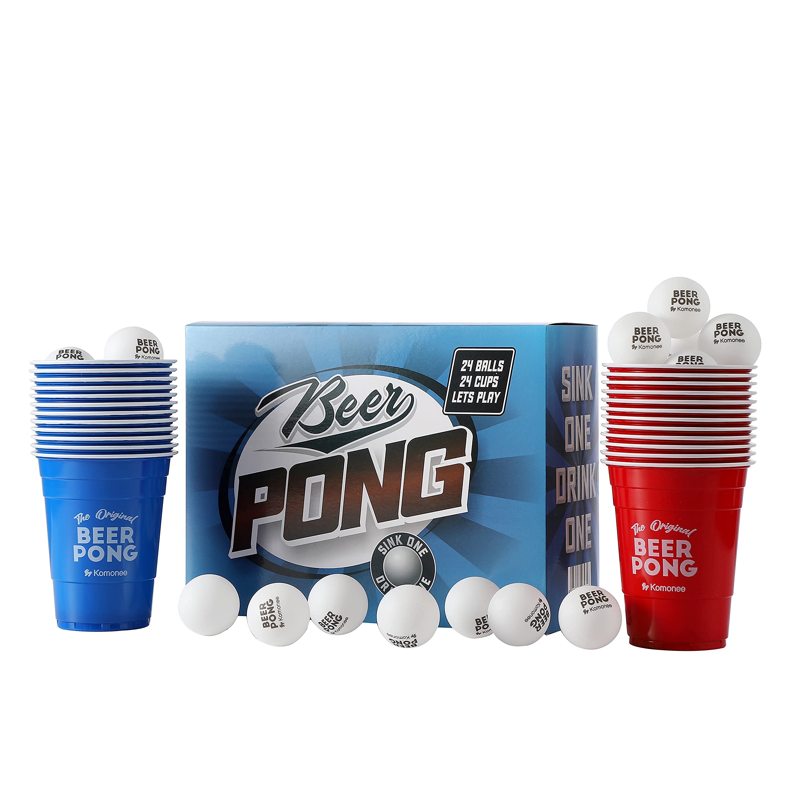 Beer Pong Set 48 PCS American Adult 24 Printed Red Blue Reusable Cups 24 High Bounce ABS White Balls