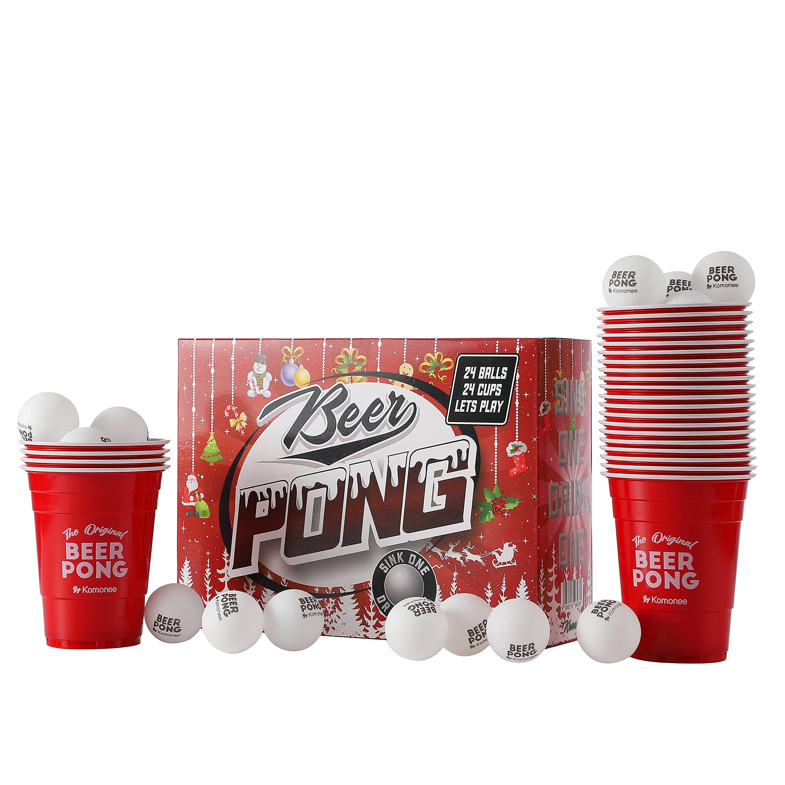 Beer Pong 48 PCS Christmas American 24 Reusable Red Cups 24 High Bounce White ABS Balls Xmas Secret