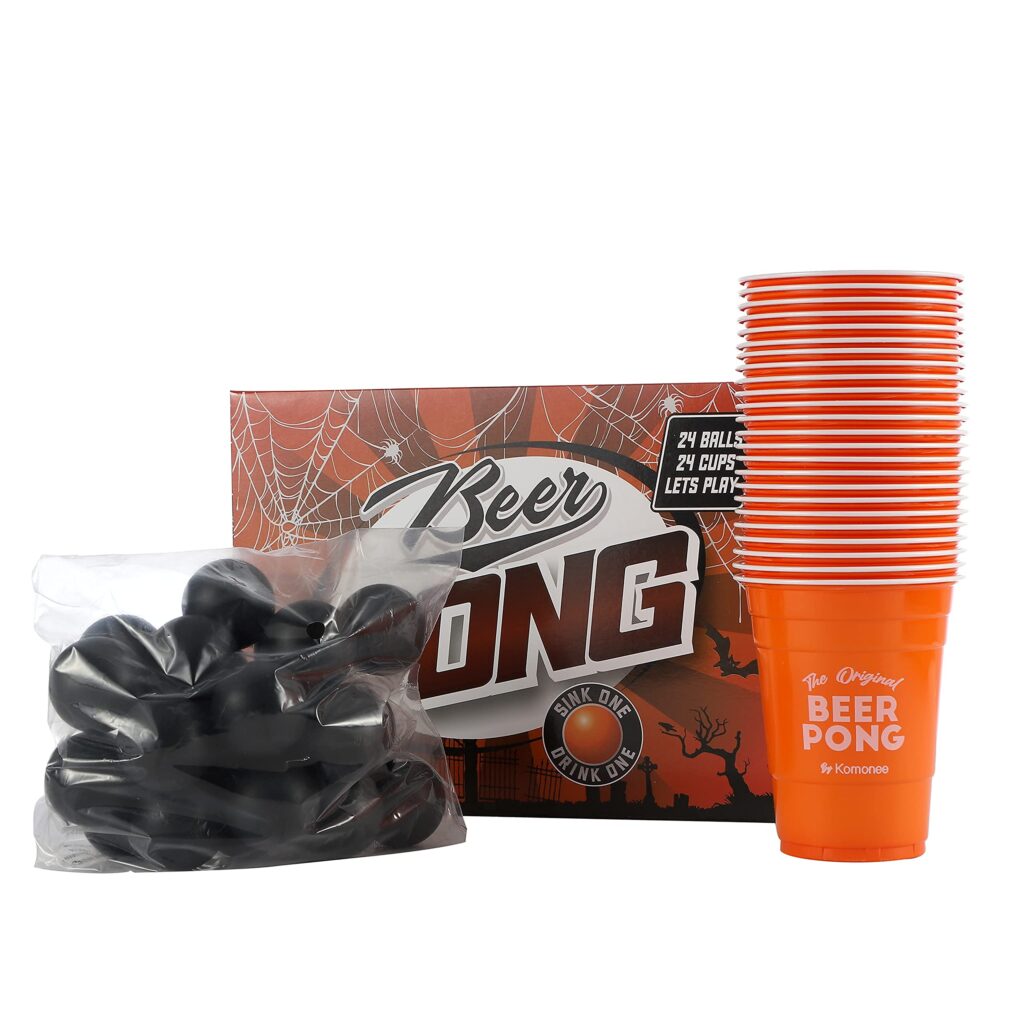 Beer Pong 48 PCS Halloween American 24 Reusable Orange Cups 24 High Bounce Black ABS Balls October