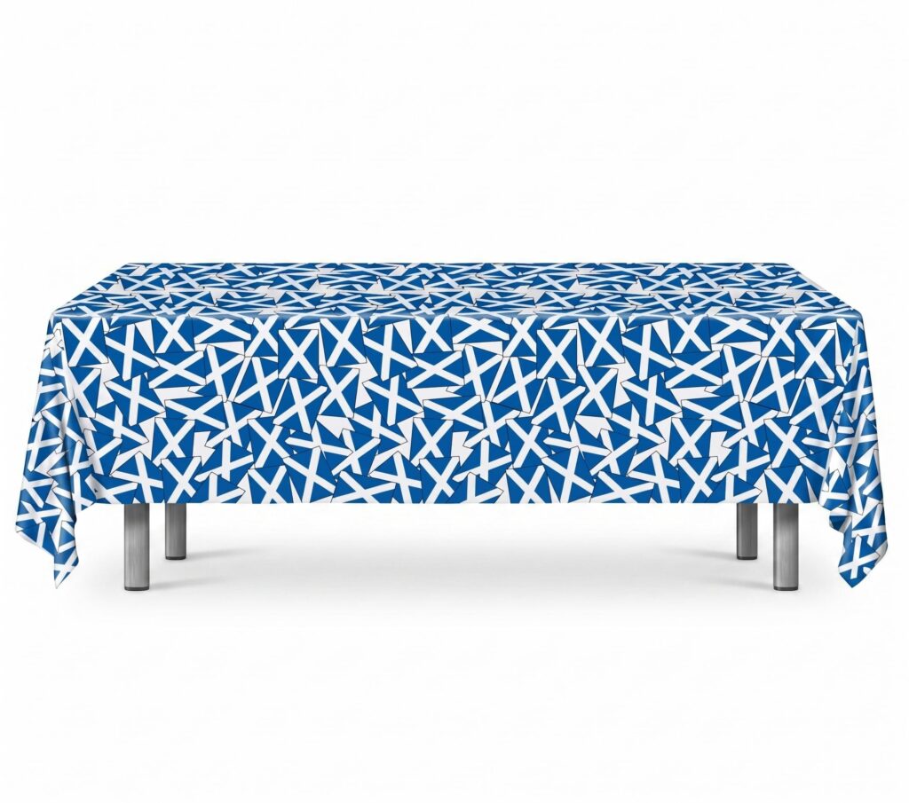 Komonee Scotland St Andrew's Cross Saltire Flag PVC Tablecloth, Large Waterproof Wipe Clean Vinyl Table Cover, Indoor & Outdoor Decoration for Soccer World Cup, Rugby, Euros & Scottish Party Events