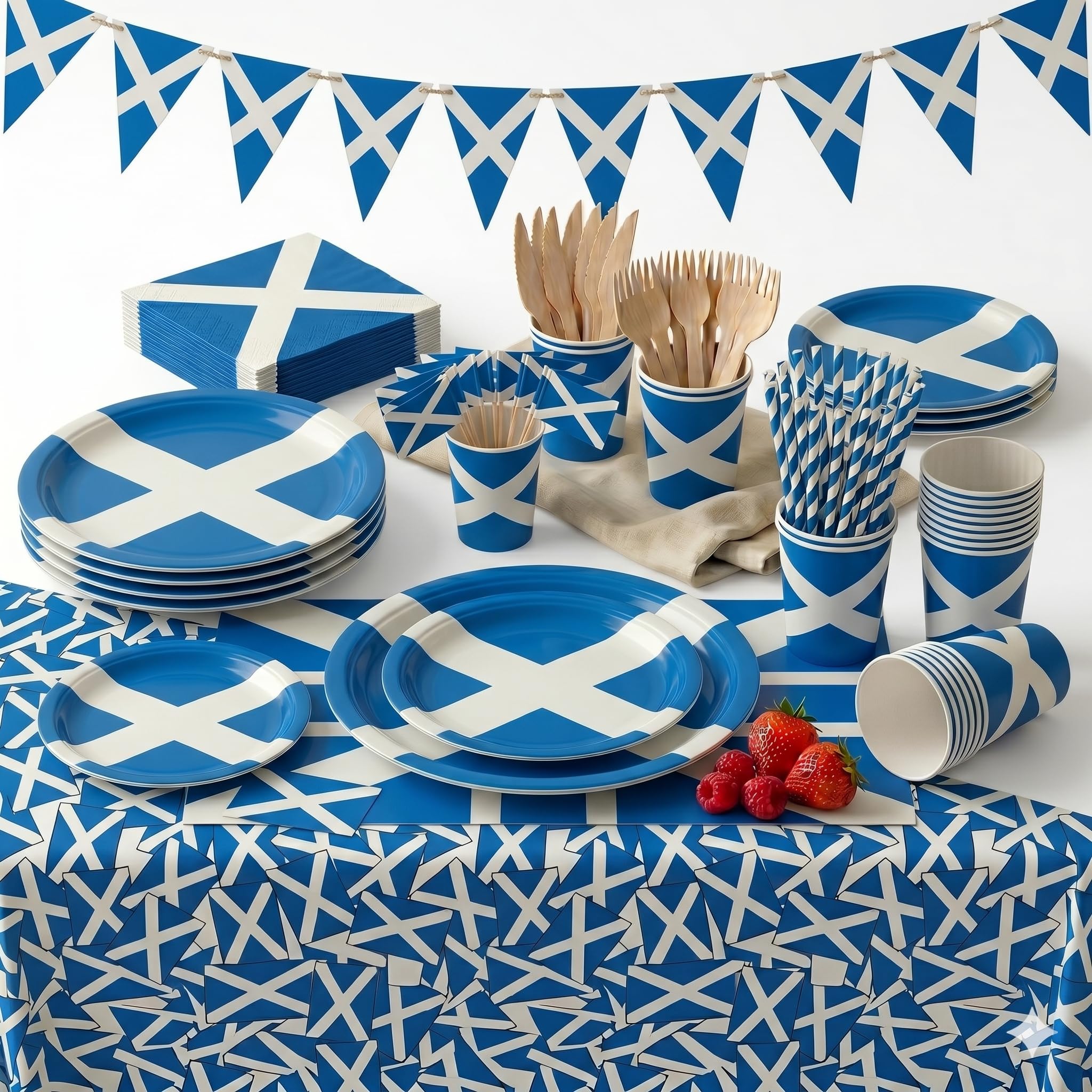 Scotland Flag World Cup Party Tableware Dinner Set for 24 Guests ? Scottish St Andrews Cross 294pcs - Disposable Dinnerware, Plates, Cups, Tablecloth, Bunting & More ? Football Rugby Party Decorations