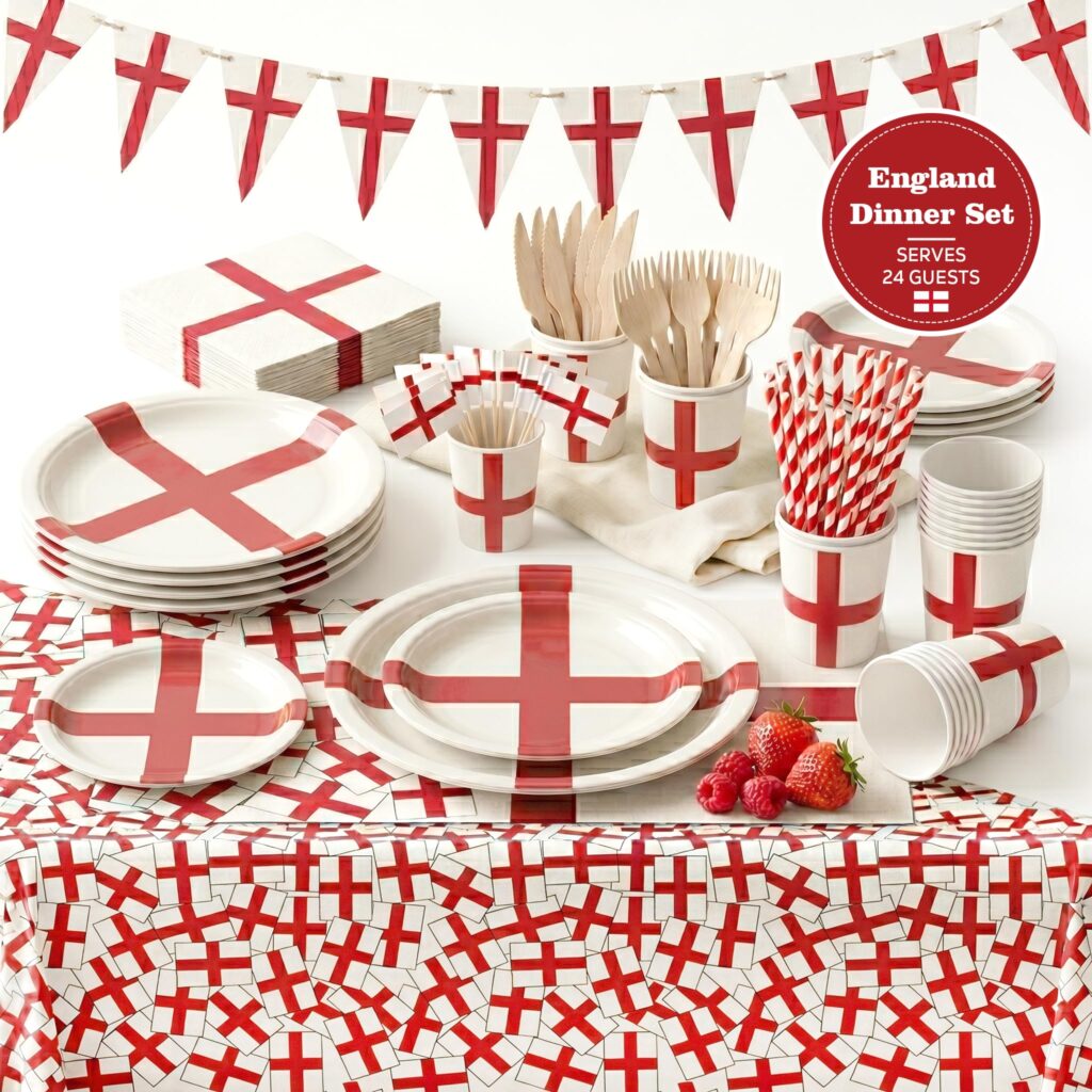 England Flag World Cup Party Tableware Dinner Set for 24 Guests ? English St Georges Cross 294pcs - Disposable Dinnerware, Plates, Cups, Tablecloth, Bunting & More ? Football Rugby Party Decorations