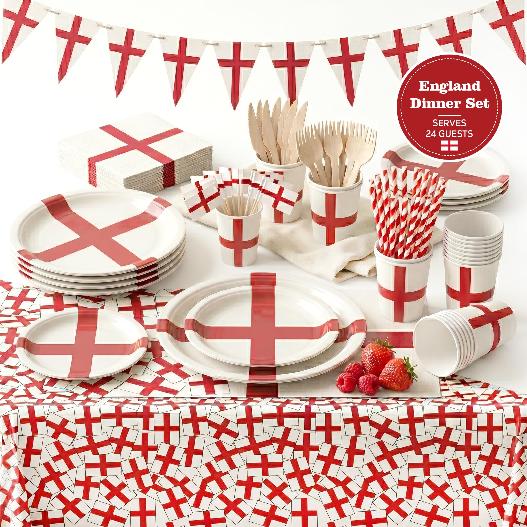 England Flag World Cup Party Tableware Dinner Set for 24 Guests ? English St Georges Cross 294pcs - Disposable Dinnerware, Plates, Cups, Tablecloth, Bunting & More ? Football Rugby Party Decorations