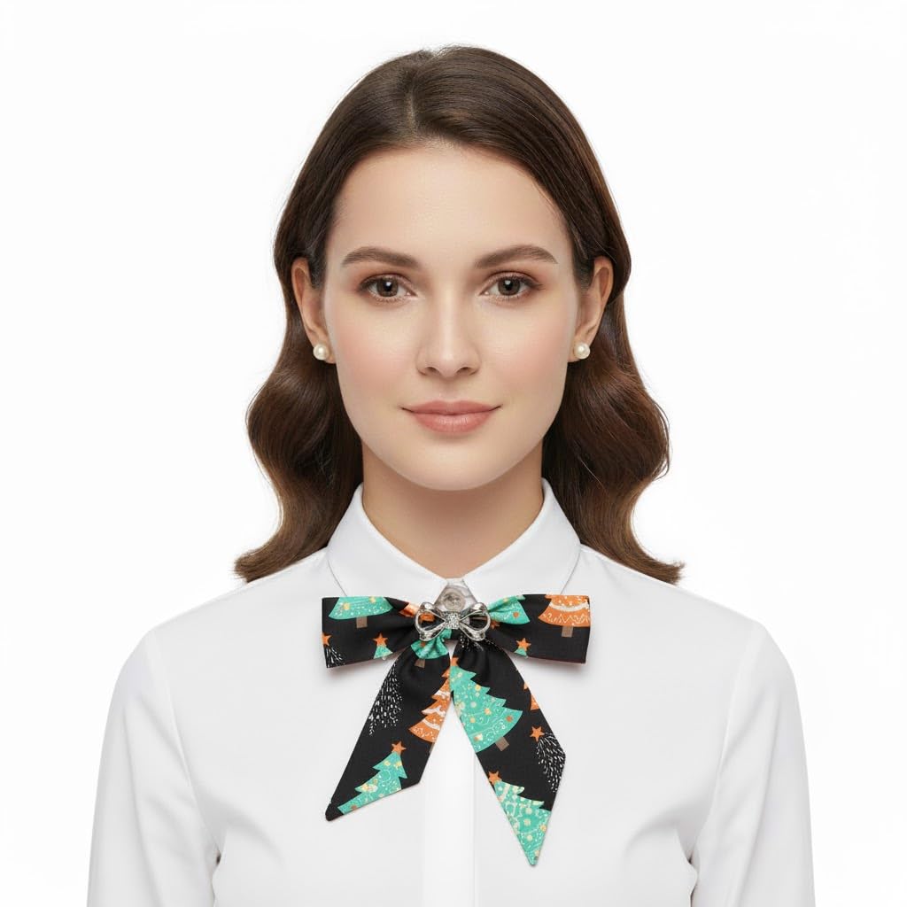 Christmas Cravat Bow Green Tree - Oversized Neck Tie Funny Colourful Design, Xmas Accessory for Holiday Parties, Fancy Dress Festive Outfits