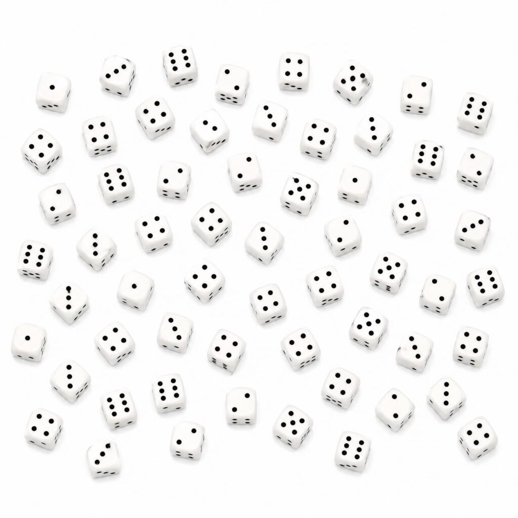 Komonee 50 x White D6 Dice 16mm High-Contrast Black Dots - Square Corner Acrylic Six-Sided Dice for Bulk  Board Games, Tabletop RPG, War Gaming, Maths Education, Classroom & Game Replacements