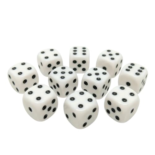 Komonee 10 x White D6 Dice 16mm High-Contrast Black Dots - Square Corner Acrylic Six-Sided Dice for Board Games, Tabletop RPG, War Gaming, Maths Education, Classroom & Casino Game Replacements